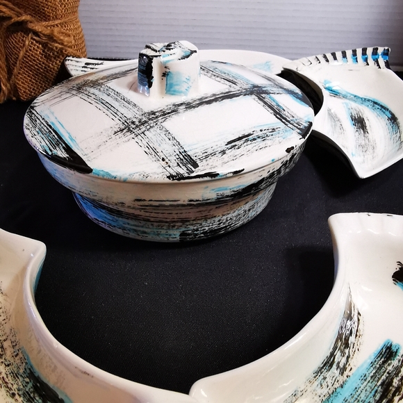 California Pottery Vintage Serving Set Blue and Black Brushstroke Plaid 6 Pieces - Picture 7 of 16